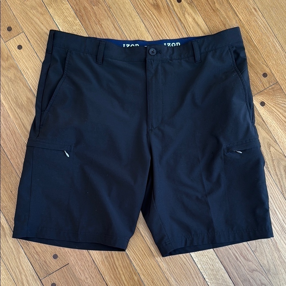 IZOD Men 38 Golf Shorts Black Zipper Cargo Pockets 10" Inseam
